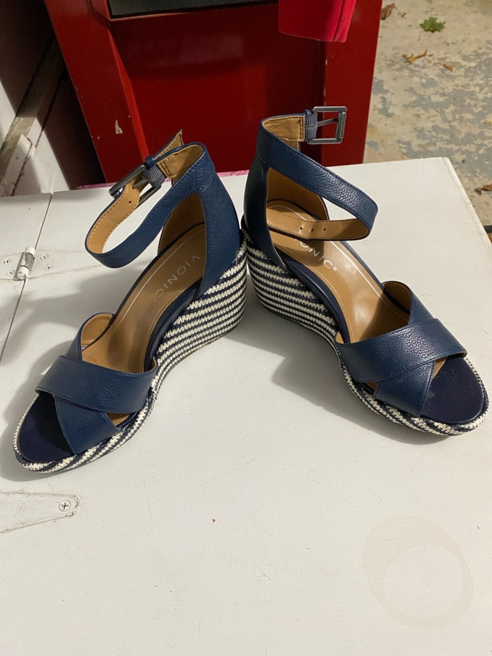 Vionic Navy Leather Cross-Strap Wedge Sandals with Ankle Buckle